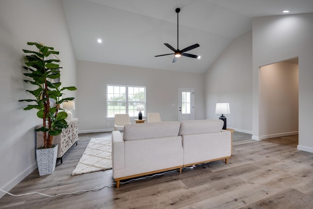 1502 Rock Springs Rd, Cumberland Furnace, TN 37051 - living room featuring high vaulted ceiling, a ceiling fan, baseboards, wood finished floors, and recessed lighting
