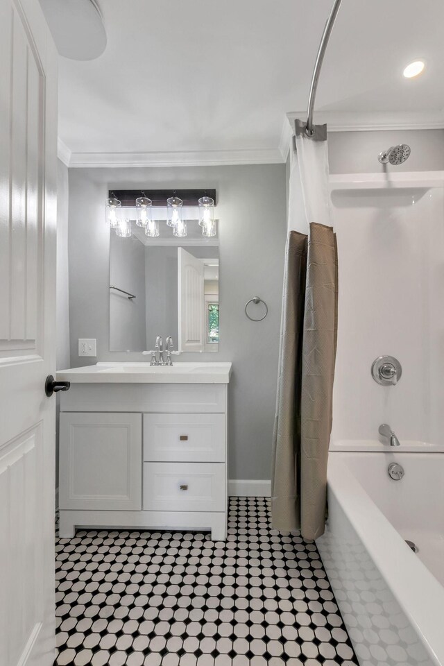 325 Francis Rd, Decherd, TN 37324 - full bathroom featuring vanity, ornamental molding, and shower / bath combination with curtain