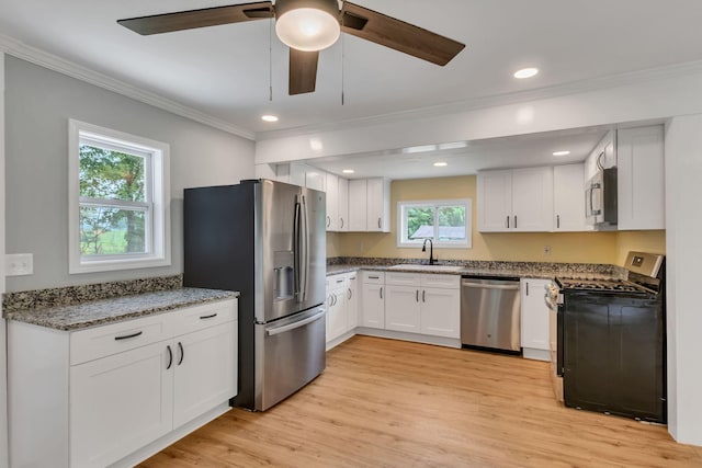 325 Francis Rd, Decherd, TN 37324 - kitchen featuring appliances with stainless steel finishes, a sink, ornamental molding, ceiling fan, and stone countertops