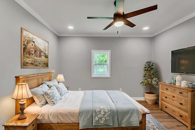 325 Francis Rd, Decherd, TN 37324 - bedroom with crown molding, light wood-style floors, recessed lighting, baseboards, and a ceiling fan