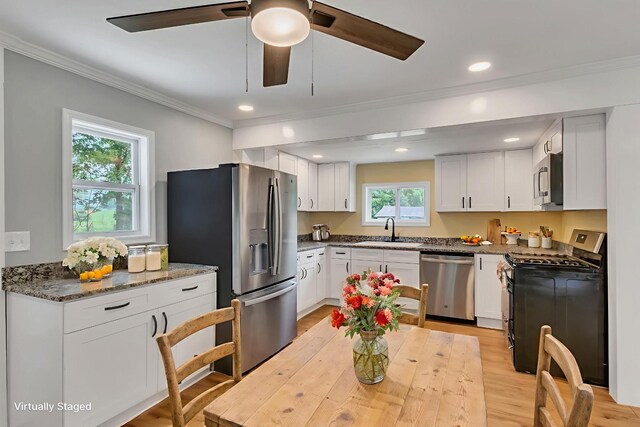 325 Francis Rd, Decherd, TN 37324 - kitchen featuring stainless steel appliances, a sink, ornamental molding, white cabinets, and ceiling fan