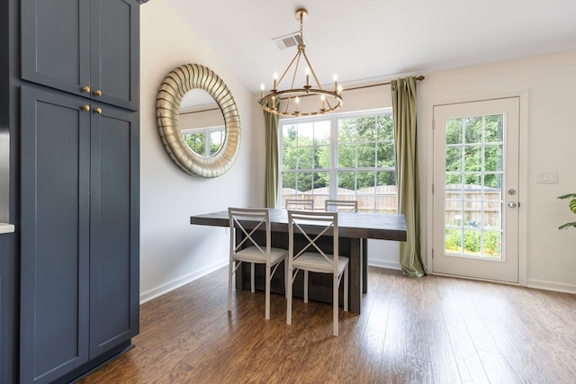 3164 Winberry Dr, Franklin, TN 37064 - dining area featuring a chandelier, dark wood-type flooring, baseboards, and vaulted ceiling
