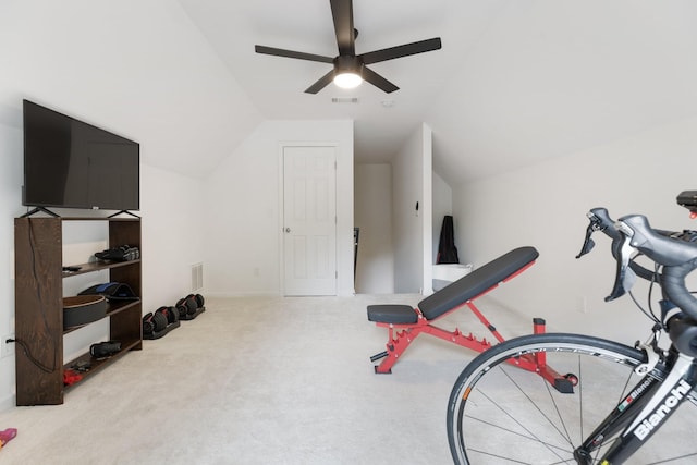 3164 Winberry Dr, Franklin, TN 37064 - workout area with a ceiling fan, carpet, and vaulted ceiling
