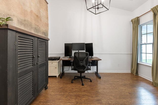 3164 Winberry Dr, Franklin, TN 37064 - home office featuring wood finished floors, a chandelier, vaulted ceiling, and baseboards