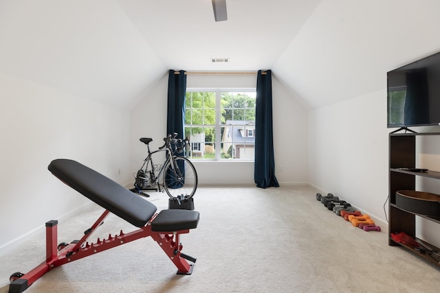 3164 Winberry Dr, Franklin, TN 37064 - exercise room featuring lofted ceiling, carpet, baseboards, and ceiling fan