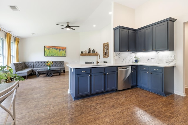 3164 Winberry Dr, Franklin, TN 37064 - kitchen with dishwasher, dark wood-style floors, a peninsula, open floor plan, and a ceiling fan