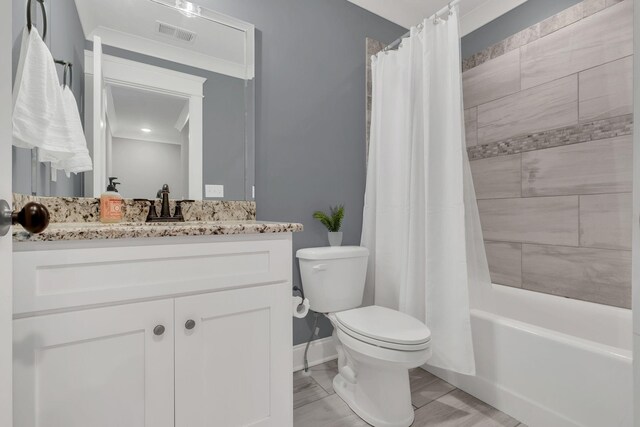 2732 Cherrydale Dr, Lebanon, TN 37087 - bathroom featuring vanity, toilet, baseboards, shower / bath combo with shower curtain, and marble finish floors