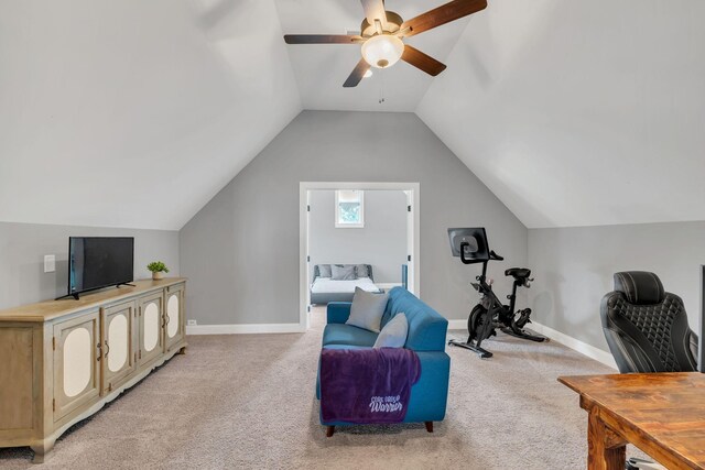 2732 Cherrydale Dr, Lebanon, TN 37087 - exercise room with a ceiling fan, light colored carpet, vaulted ceiling, and baseboards