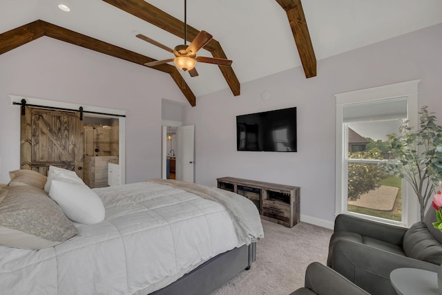 2732 Cherrydale Dr, Lebanon, TN 37087 - bedroom featuring light colored carpet, a barn door, a ceiling fan, recessed lighting, and ensuite bathroom