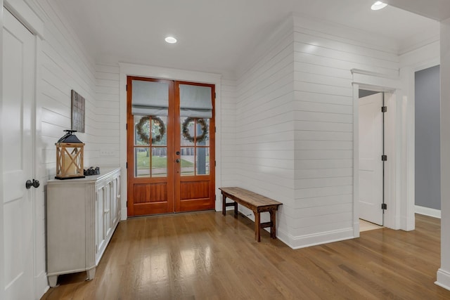 2732 Cherrydale Dr, Lebanon, TN 37087 - foyer entrance with french doors, wood finished floors, wooden walls, baseboards, and recessed lighting