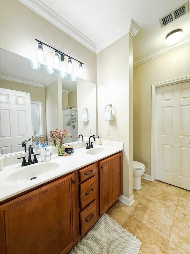 2138 Cason Ln, Murfreesboro, TN 37128 - full bath featuring double vanity, toilet, crown molding, a shower, and tile patterned floors