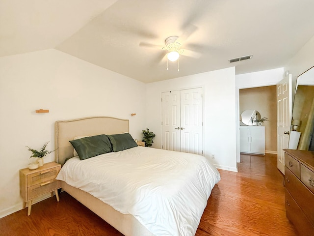 2138 Cason Ln, Murfreesboro, TN 37128 - bedroom with wood finished floors, baseboards, a closet, ceiling fan, and lofted ceiling