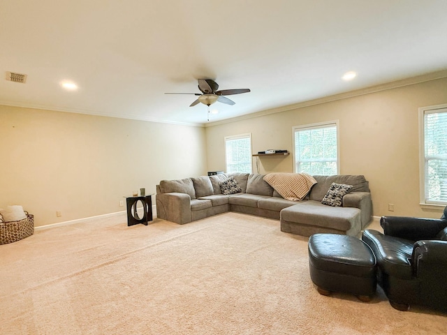 2138 Cason Ln, Murfreesboro, TN 37128 - carpeted living room with ceiling fan, plenty of natural light, ornamental molding, baseboards, and recessed lighting