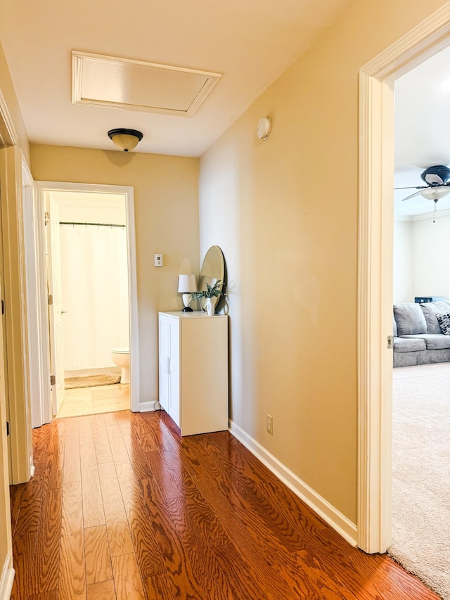 2138 Cason Ln, Murfreesboro, TN 37128 - hallway featuring wood finished floors, attic access, and baseboards