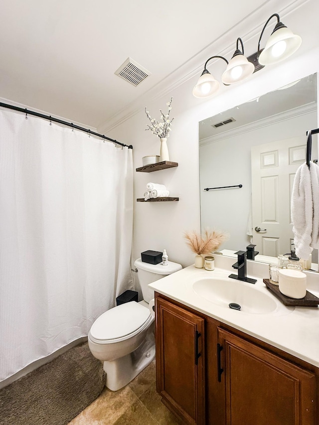 2138 Cason Ln, Murfreesboro, TN 37128 - bathroom featuring ornamental molding, vanity, toilet, and curtained shower