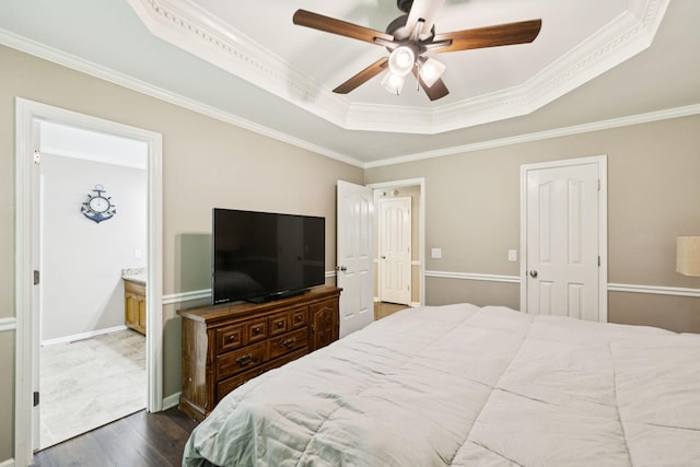 2118 Winthorne Ln, Murfreesboro, TN 37129 - bedroom featuring a tray ceiling, dark wood-style floors, ornamental molding, baseboards, and ceiling fan
