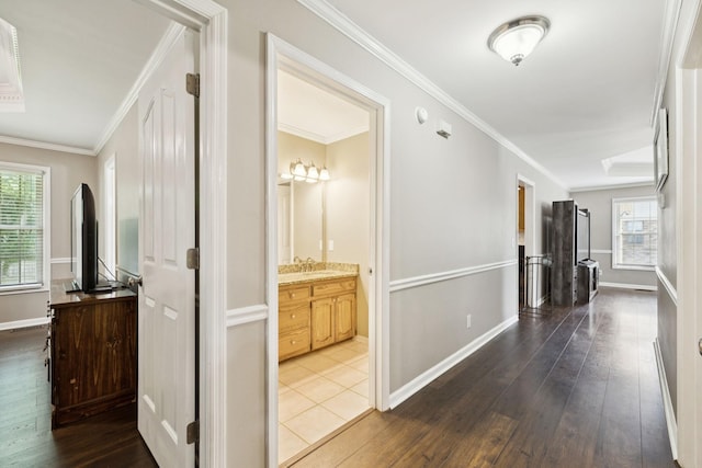 2118 Winthorne Ln, Murfreesboro, TN 37129 - hallway featuring healthy amount of natural light, hardwood / wood-style floors, ornamental molding, and baseboards