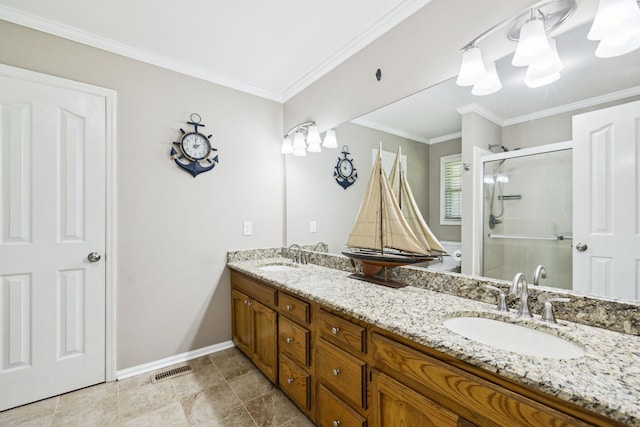 2118 Winthorne Ln, Murfreesboro, TN 37129 - bathroom with double vanity, a shower stall, baseboards, and crown molding