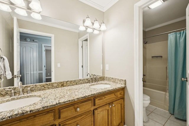 2118 Winthorne Ln, Murfreesboro, TN 37129 - bathroom with double vanity, tile patterned flooring, toilet, shower / bath combo with shower curtain, and ornamental molding