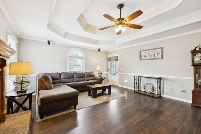 2118 Winthorne Ln, Murfreesboro, TN 37129 - living room with ceiling fan, wood finished floors, ornamental molding, a raised ceiling, and baseboards