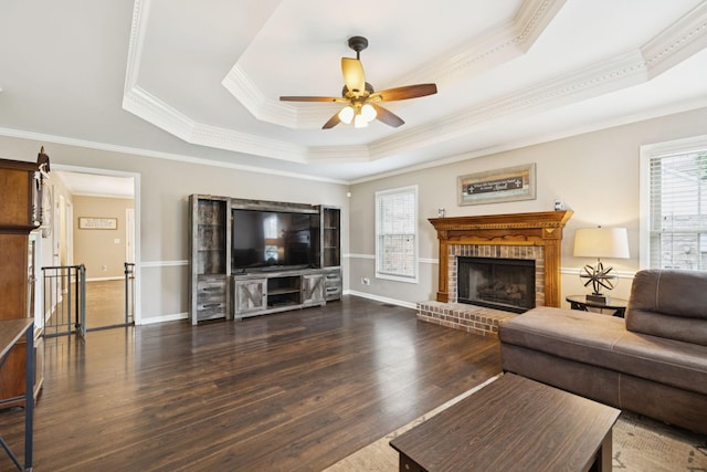2118 Winthorne Ln, Murfreesboro, TN 37129 - living area featuring a raised ceiling, ornamental molding, wood finished floors, a ceiling fan, and a fireplace