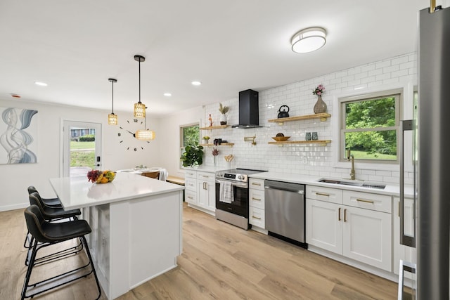 170 Old Carters Creek Pike, Franklin, TN 37064 - kitchen featuring stainless steel appliances, wall chimney exhaust hood, a sink, light countertops, and open shelves