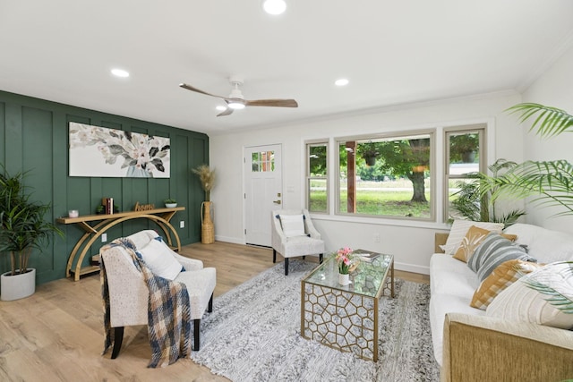 170 Old Carters Creek Pike, Franklin, TN 37064 - living area featuring plenty of natural light, ornamental molding, light wood-type flooring, ceiling fan, and recessed lighting