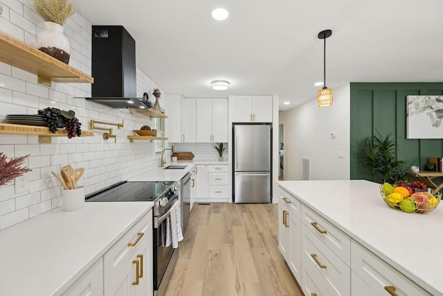 170 Old Carters Creek Pike, Franklin, TN 37064 - kitchen with stainless steel appliances, open shelves, a sink, wall chimney exhaust hood, and recessed lighting