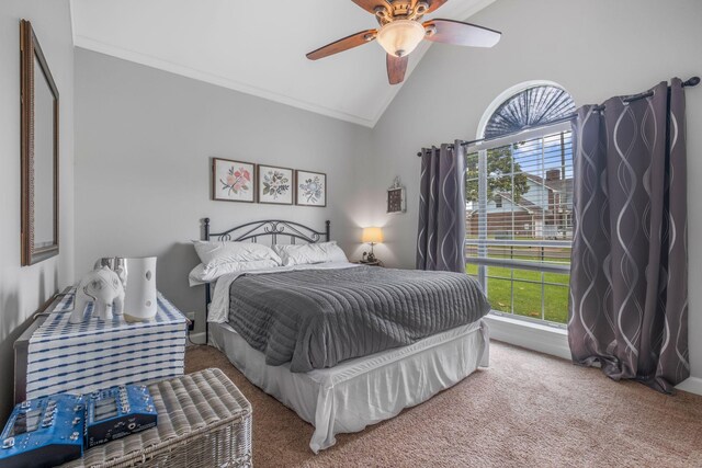 306 S Cameron Ct, Hermitage, TN 37076 - carpeted bedroom featuring ornamental molding, high vaulted ceiling, and ceiling fan