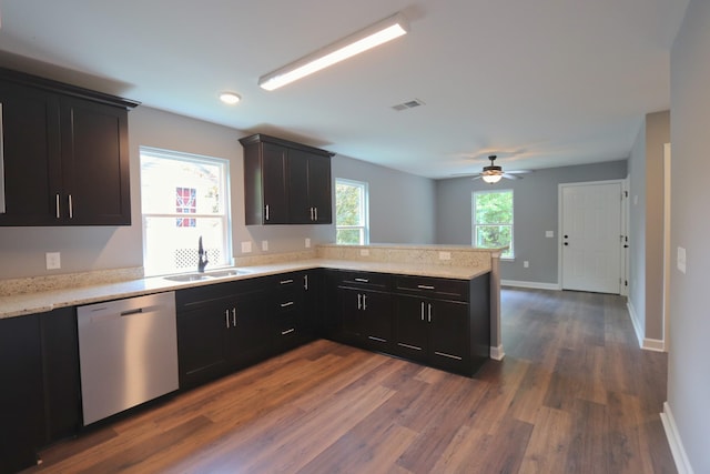 174 Dale St, Red Boiling Springs, TN 37150 - kitchen featuring stainless steel dishwasher, a peninsula, dark wood-type flooring, ceiling fan, and recessed lighting