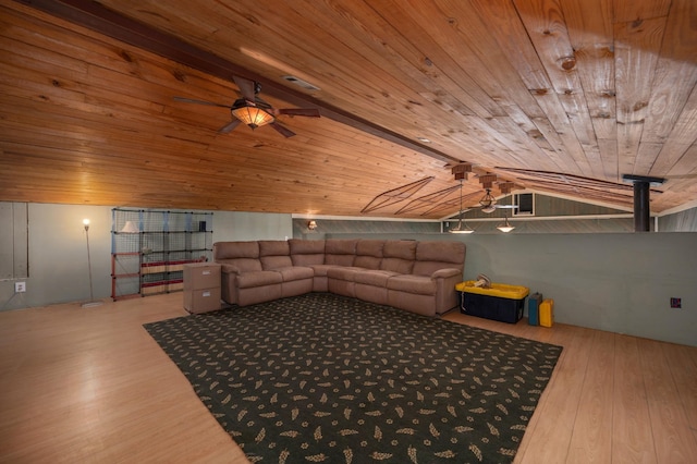 1791 Deer Creek Rd, Linden, TN 37096 - living room with wood finished floors, ceiling fan, vaulted ceiling, and wood ceiling