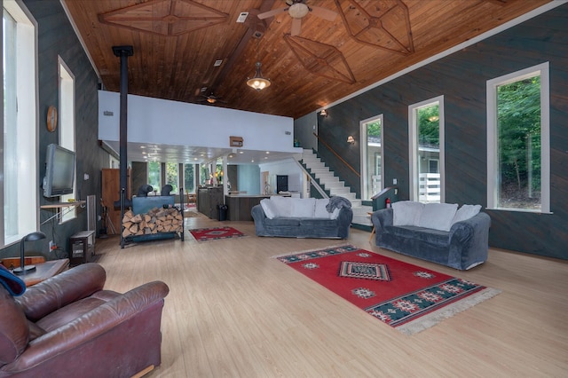 1791 Deer Creek Rd, Linden, TN 37096 - living room with wooden ceiling, a ceiling fan, stairs, plenty of natural light, and wood finished floors