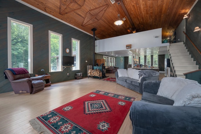 1791 Deer Creek Rd, Linden, TN 37096 - living room with wood ceiling, wood walls, stairs, wood finished floors, and high vaulted ceiling