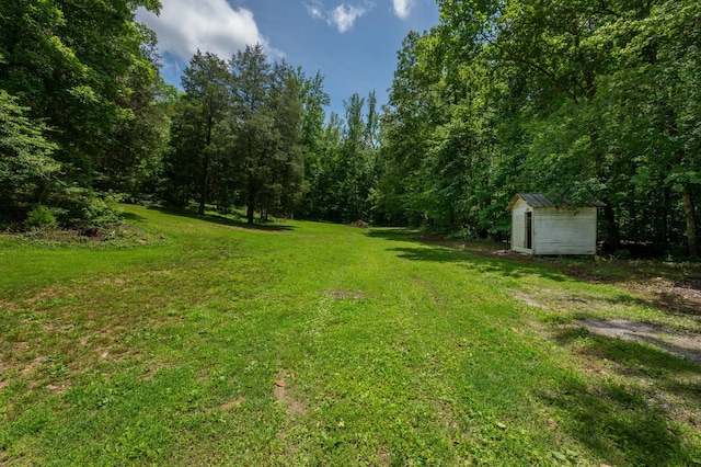 1791 Deer Creek Rd, Linden, TN 37096 - view of grassy yard with a storage shed and a forest view