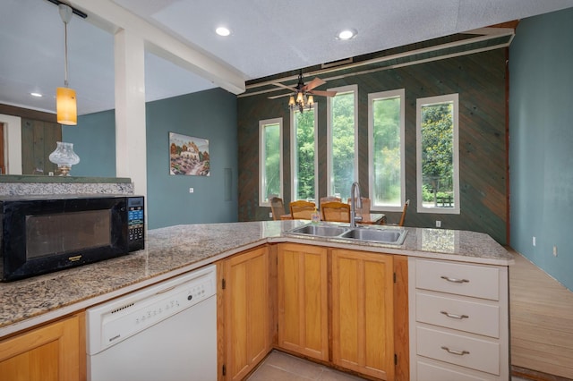 1791 Deer Creek Rd, Linden, TN 37096 - kitchen featuring black microwave, dishwasher, decorative light fixtures, beamed ceiling, and recessed lighting