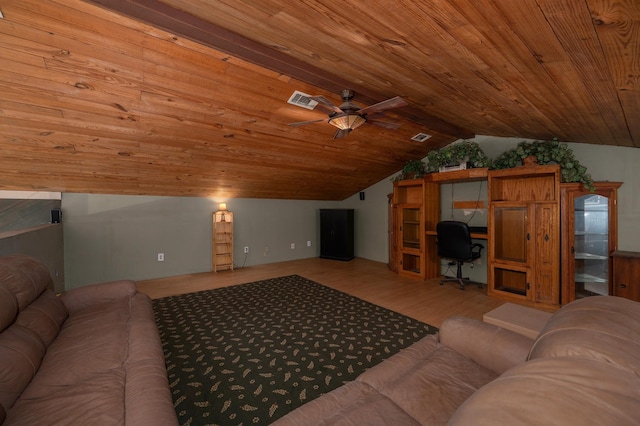 1791 Deer Creek Rd, Linden, TN 37096 - living room featuring lofted ceiling, a desk, wood finished floors, wood ceiling, and a ceiling fan