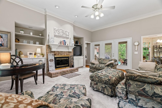 5544 S New Hope Rd, Hermitage, TN 37076 - living area featuring crown molding, a fireplace, ceiling fan, light colored carpet, and built in shelves