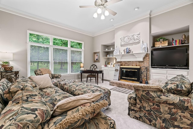 5544 S New Hope Rd, Hermitage, TN 37076 - carpeted living area with crown molding, a ceiling fan, built in features, a fireplace, and recessed lighting