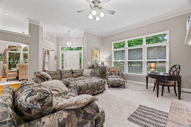 5544 S New Hope Rd, Hermitage, TN 37076 - living room with a ceiling fan, carpet flooring, baseboards, and crown molding