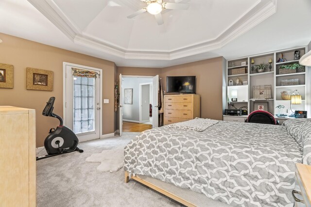5544 S New Hope Rd, Hermitage, TN 37076 - carpeted bedroom with a tray ceiling, crown molding, and a ceiling fan