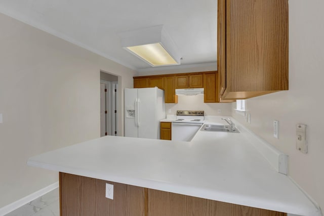 4008 Amber Way, Spring Hill, TN 37174 - kitchen with white appliances, under cabinet range hood, light marble finish floors, a peninsula, and a sink