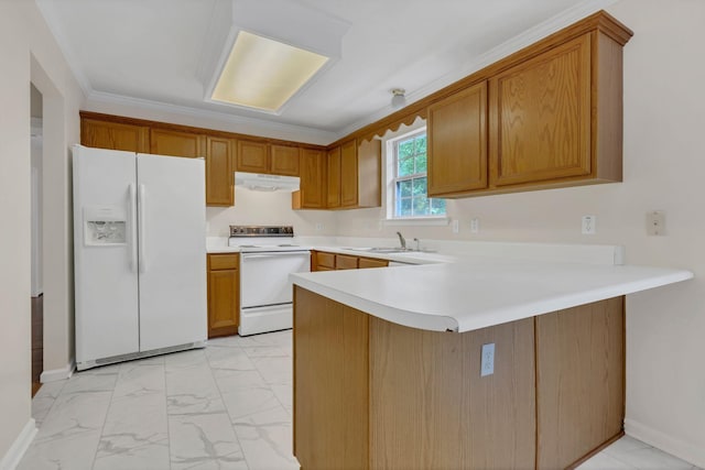 4008 Amber Way, Spring Hill, TN 37174 - kitchen with white appliances, under cabinet range hood, a peninsula, light countertops, and light marble finish floors