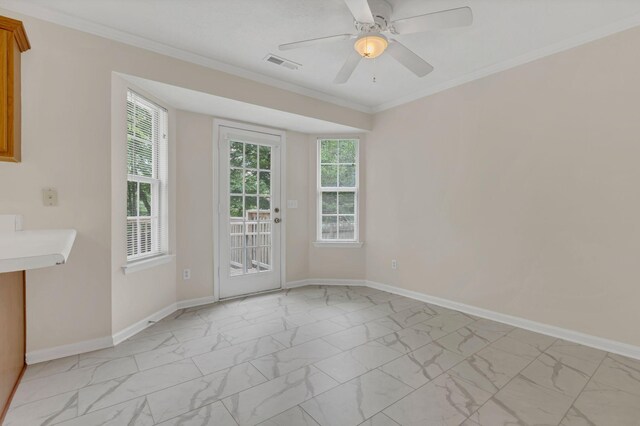 4008 Amber Way, Spring Hill, TN 37174 - empty room featuring light marble finish flooring, baseboards, a ceiling fan, and ornamental molding