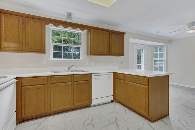 4008 Amber Way, Spring Hill, TN 37174 - kitchen featuring light marble finish floors, dishwasher, a peninsula, range, and healthy amount of natural light
