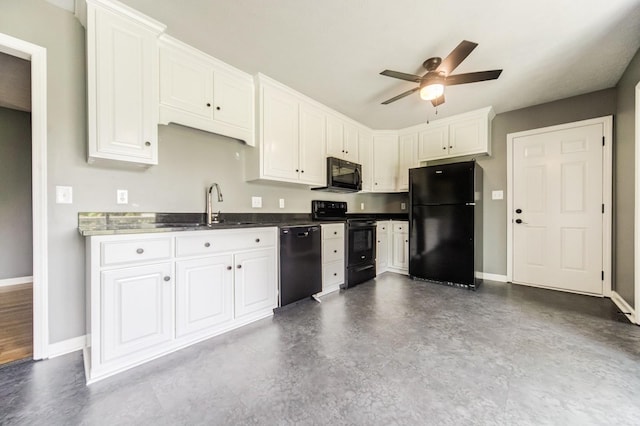 177 Hedgeway Ct, Gallatin, TN 37066 - kitchen featuring black appliances, baseboards, a sink, ceiling fan, and white cabinetry