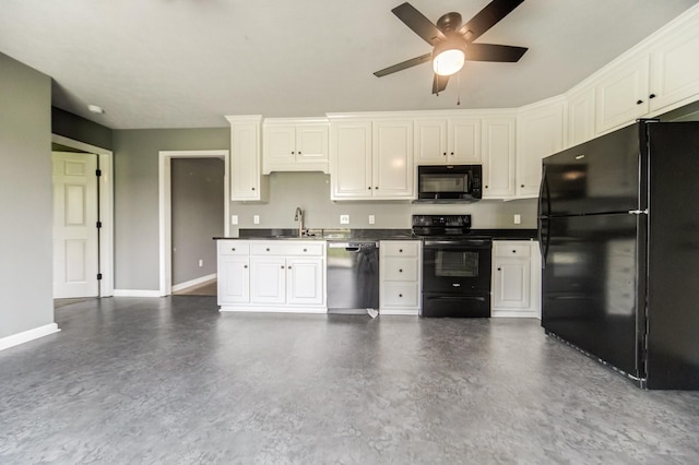177 Hedgeway Ct, Gallatin, TN 37066 - kitchen featuring black appliances, concrete flooring, dark countertops, ceiling fan, and white cabinetry