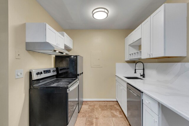 2601 Hillsboro Pike Unit E6, Nashville, TN 37212 - kitchen with electric range oven, stainless steel dishwasher, a sink, under cabinet range hood, and white cabinets