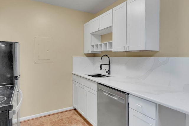 2601 Hillsboro Pike Unit E6, Nashville, TN 37212 - kitchen with stainless steel dishwasher, freestanding refrigerator, electric panel, open shelves, and baseboards