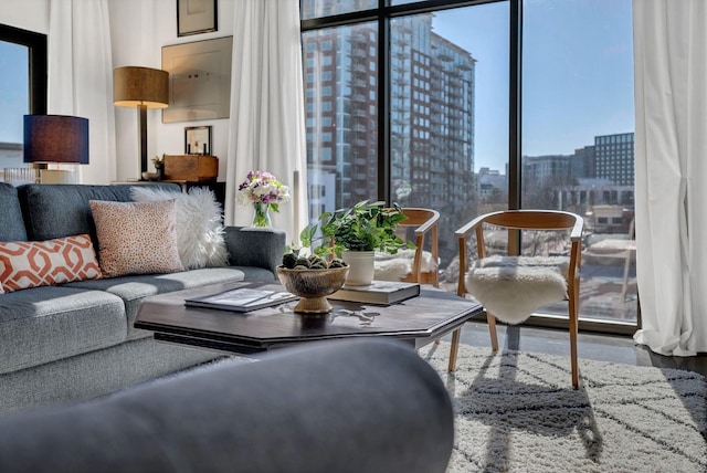 1510 Demonbreun St Unit 810, Nashville, TN 37203 - living area featuring a view of city, wood finished floors, and a wall of windows