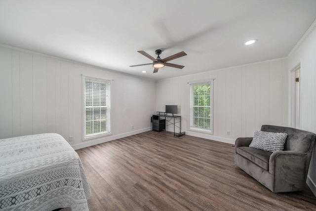 2250 Hamburg Rd, Michie, TN 38357 - bedroom with crown molding, wood finished floors, recessed lighting, a ceiling fan, and baseboards